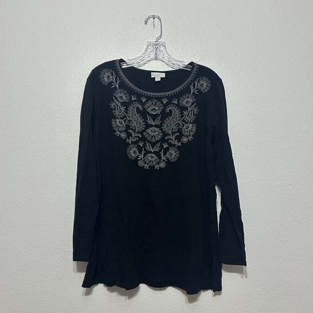 J. Jill Black with Gray Floral Embroidery Long Sleeve Shirt Tunic Women's Size L